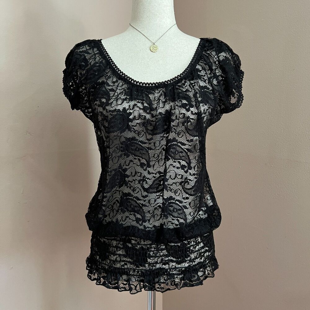 Whimsygoth Y2K Black Lace Top Julie's Closet Sheer Goth‎ Fairy Grunge Size M